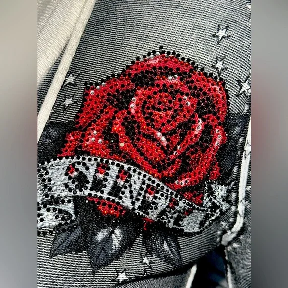 Y2K SINFUL black and gray acid wash bell sleeve hoodie with gem red rose - Picture 4 of 11